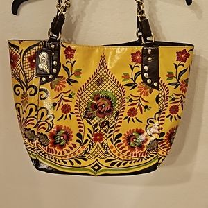 Carlos Santana Floral Chain Link+Leather Handle Tote Bag Brown + Hot pink
